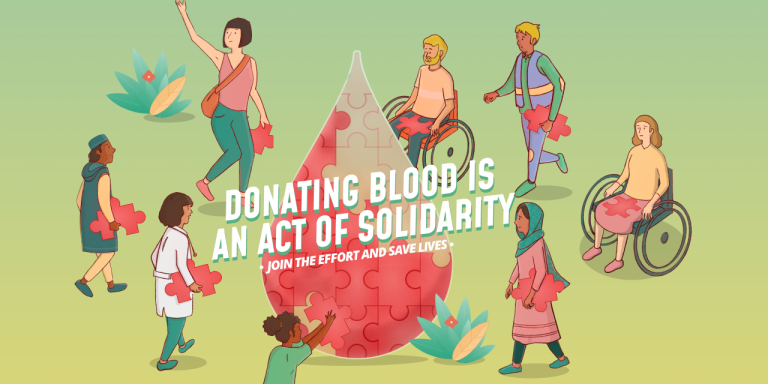 Illustrazione per la Giornata mondiale del donatore di sangue con una grande goccia di sangue al centro e varie persone intorno (disegno)