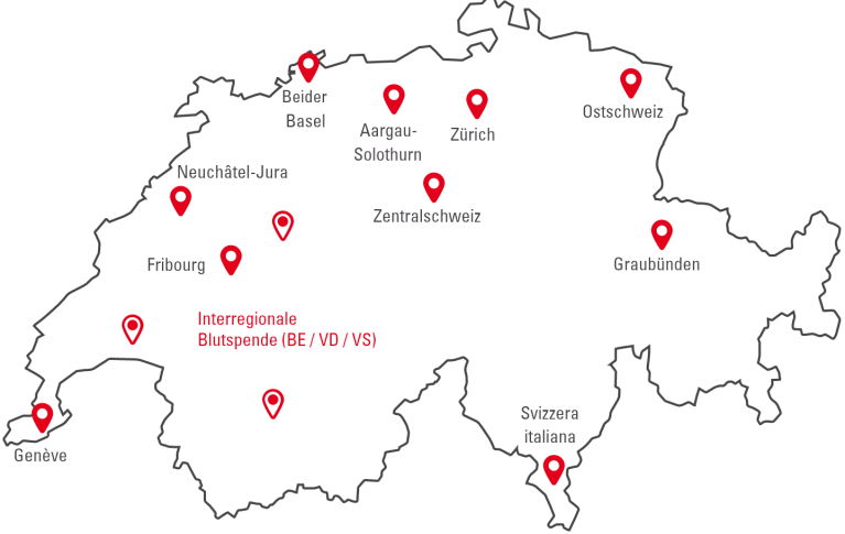 Eine Standortkarte der Blutspendedienste in der Schweiz